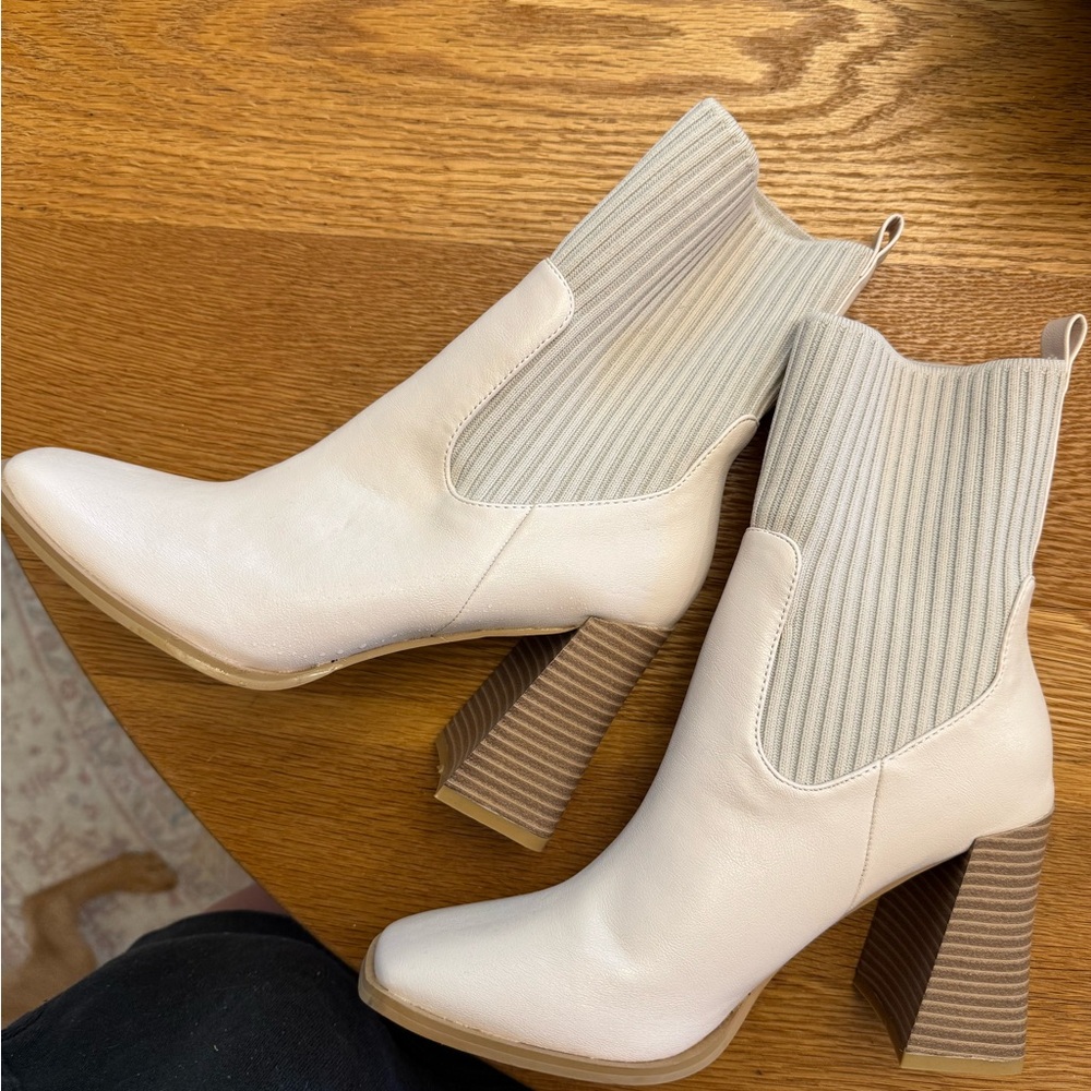 Lulu's Cream Ankle Boots with Ribbed Upper and Chunky Heel